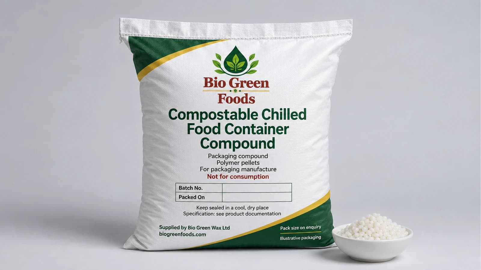 Kompostierbares Compound für gekühlte Lebensmittelbehälter (FDA) – Food-contact packaging materials product from Bio Green Foods