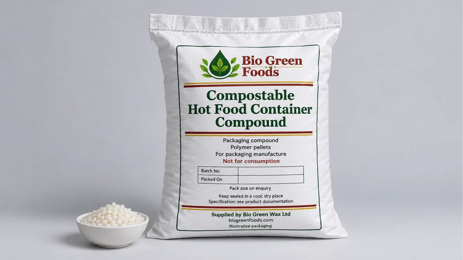 Compostable Hot Food Container Compound (FDA, 80C, Microwaveable) – Food-contact packaging materials product from Bio Green Foods